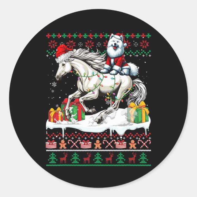 Sticker Rond Père Noël Samoyed équitation Cheval de Noël Sweate (Devant)