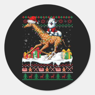 Sticker Rond Père Noël Samoyed Riding Giraffe Sweater Lov