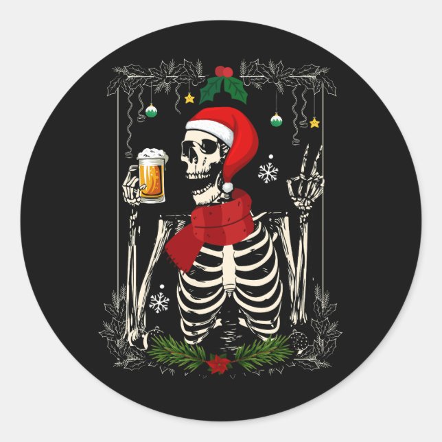 Sticker Rond Père Noël Skeleton Boire Bière Retro Joyeux Noël (Devant)