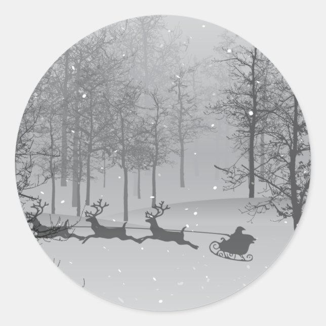 Sticker Rond Père Noël Sleigh dans un pays d'hiver (Devant)