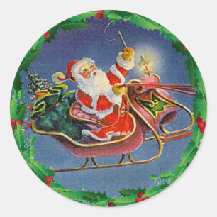 Sticker Rond PÈRE NOËL, SLEIGH et HOUX par SHARON SHARPE