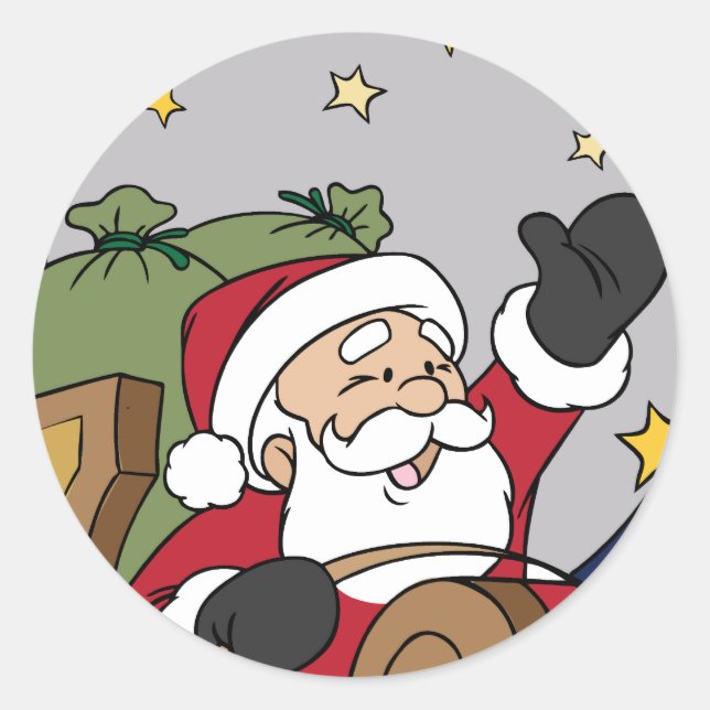 Sticker Rond Père Noël Sleigh Illustration Joyeux Noël (Devant)