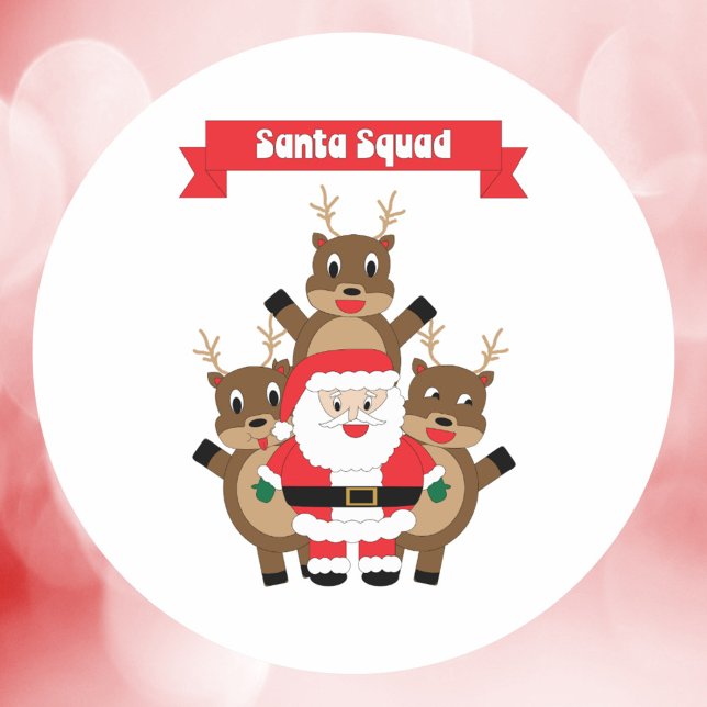 Sticker Rond Père Noël Squad Christmas Reindeer Humour (A sticker featuring Santa and reindeer in a funny pose with a banner that says Santa Squad.)
