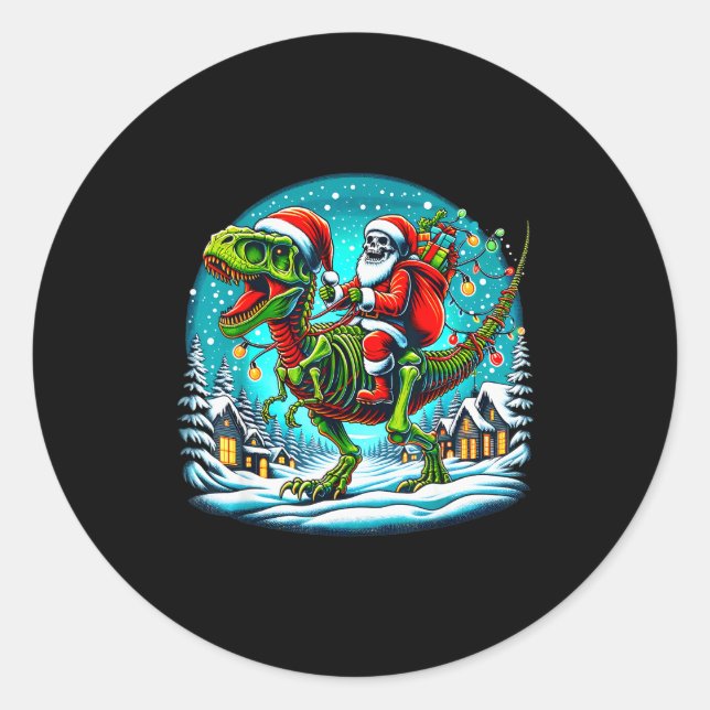 Sticker Rond Père Noël squelette à cheval sur T Rex dinosaure N (Devant)