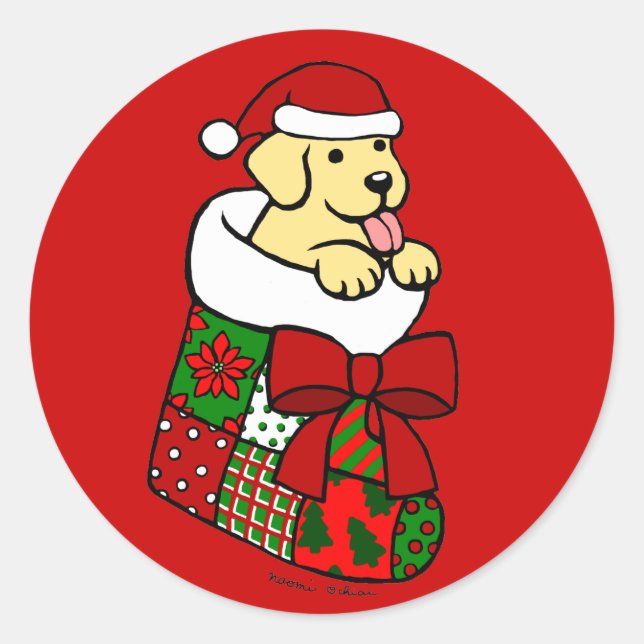 Sticker Rond Père Noël Stocker Jaune Labrador Chiot Cartoon (Devant)