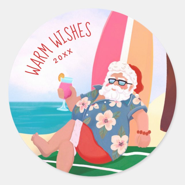 Sticker Rond Père Noël sur la plage Vacances d'été Vacances cha (Devant)