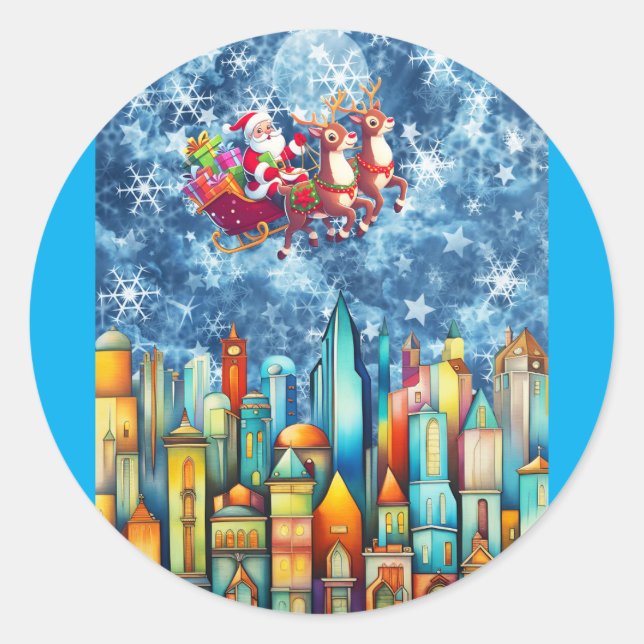 STICKER ROND PÈRE NOËL SUR LA VILLE (Devant)