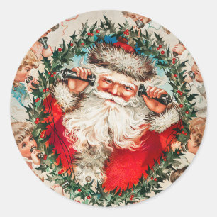 Sticker Rond Père Noël sur les téléphones à cordes écoutant les