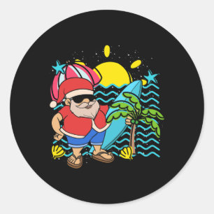 Sticker Rond Père Noël surfeur d'été Hawaï Noël tropical