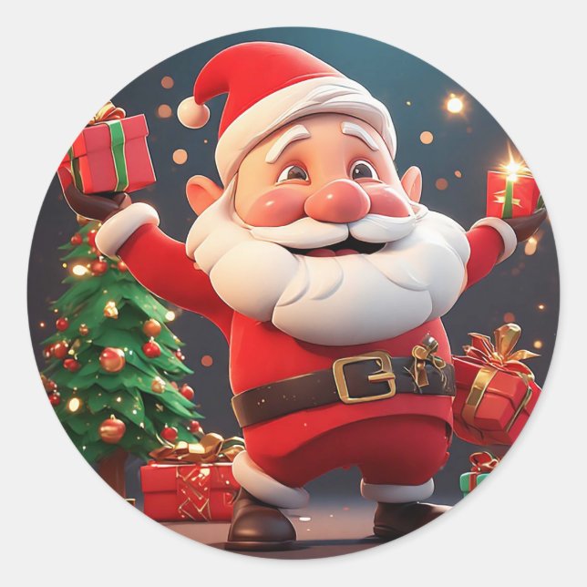 Sticker Rond Père Noël tenant un cadeau (Devant)