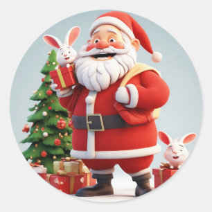 Sticker Rond Père Noël tenant un cadeau avec des lapins