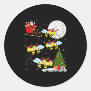 Sticker Rond Père Noël Traîneau Abeilles Volant Drôle Magique N