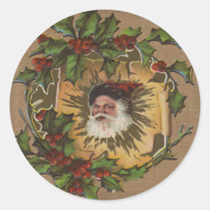 Sticker Rond Père Noël Vintage Antique Houx Noël