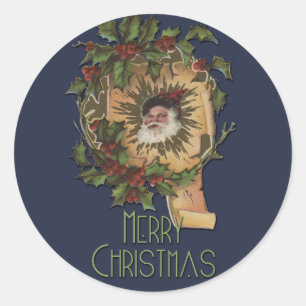 Sticker Rond Père Noël Vintage Antique Houx Noël