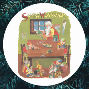 Sticker Rond Père Noël vintage avec des lutins dans l'atelier