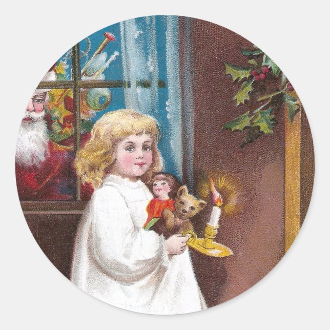 Sticker Rond Père Noël visite par fenêtre Noël millésimé (Devant)
