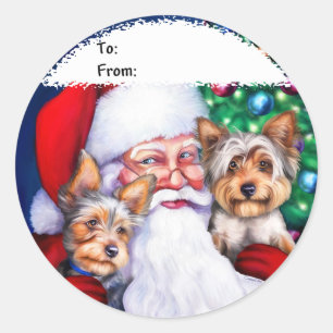 Sticker Rond Père Noël Yorkies à Noël