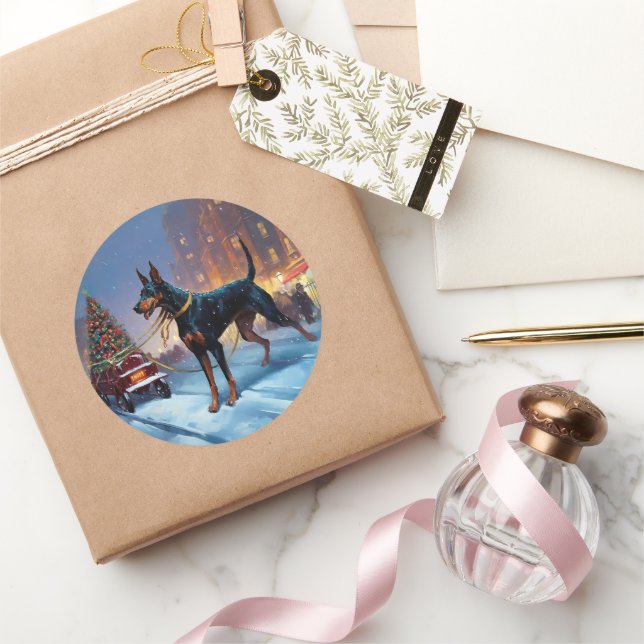 Sticker Rond Période de fêtes de Noël des Dobermann (Cadeaux)
