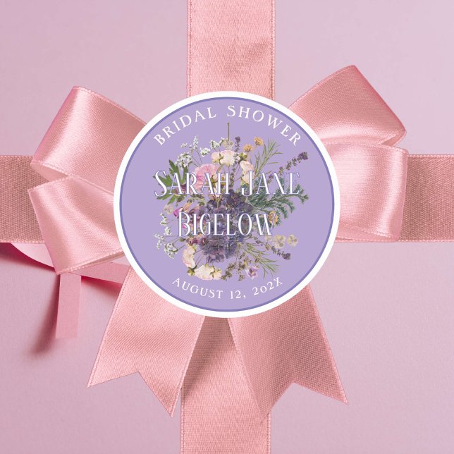 Sticker Rond Périwinkle Fleur sauvage pressé Fête des mariées B (Lovely periwinkle lilac wildflower label for bridal shower gifts+ favors. A sticker anywhere!)