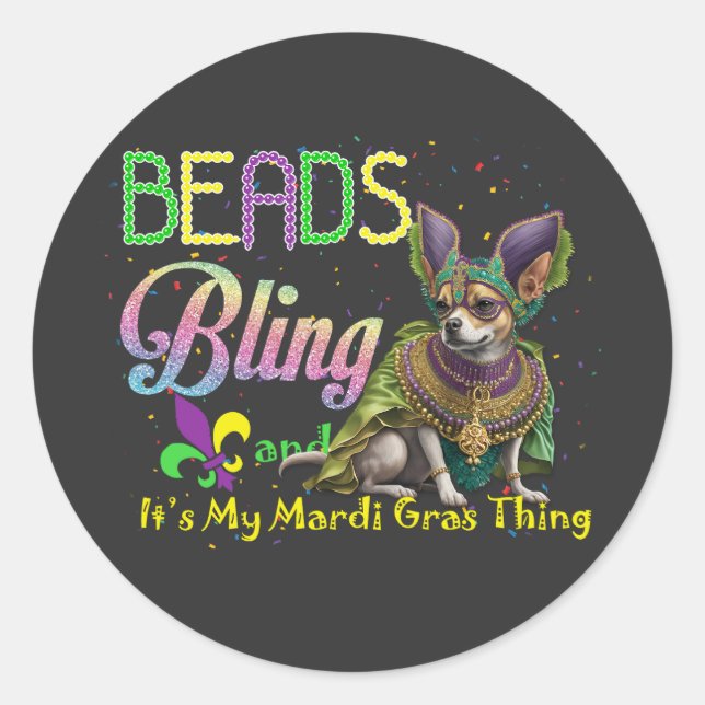 Sticker Rond Perles Bling Chihuahua Mardi Gras Thing Carnival (Devant)