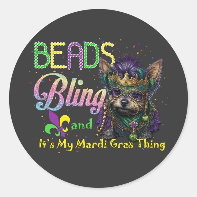 Sticker Rond Perles Bling Yorkie Mardi Gras Carnaval Mascarade (Devant)