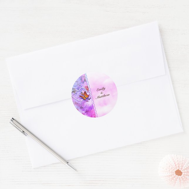 Sticker Rond Perles de coeur Roses roses papillons Floral (Enveloppe)