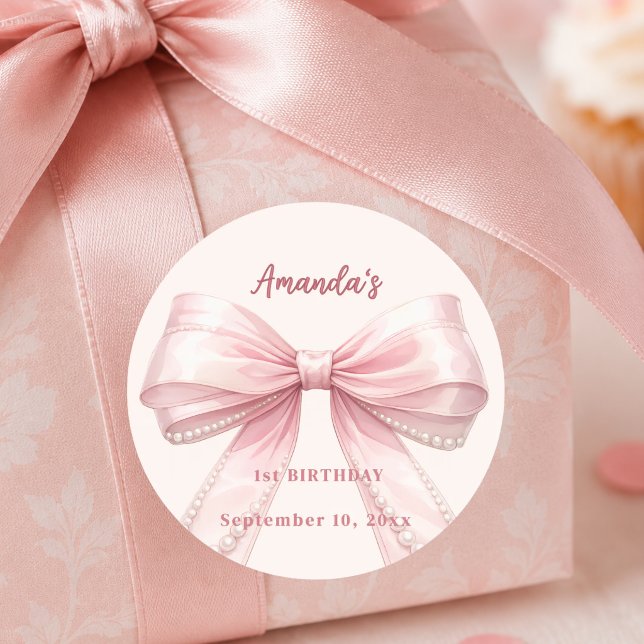 Sticker Rond Perles de ruban rose coquette Anniversaire (Créateur téléchargé)
