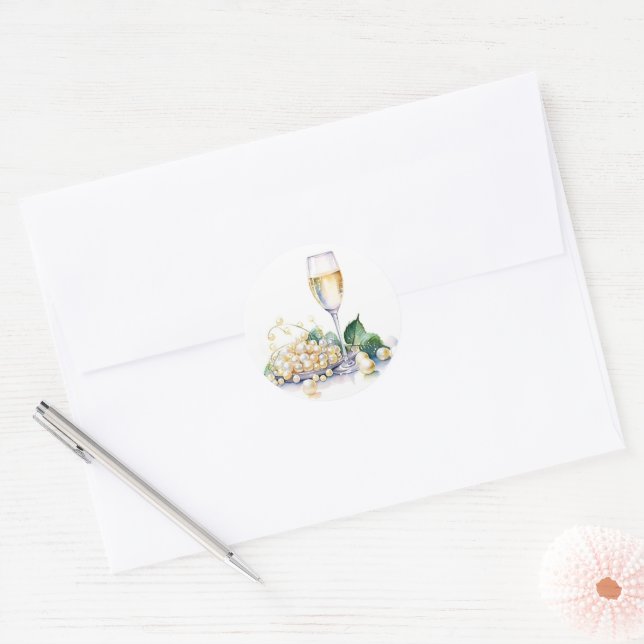 Sticker Rond Perles Élégantes et Prosecco (Enveloppe)
