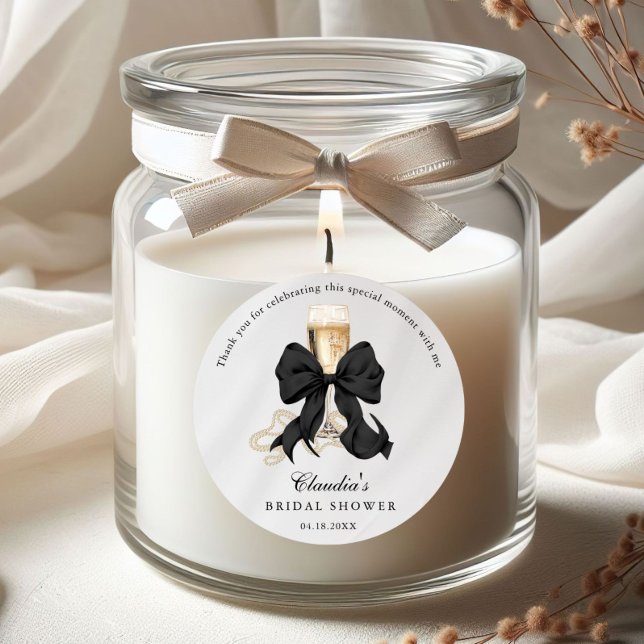 Sticker Rond Perles Élégantes & Prosecco Mariage avec un Nœud N (Pearls and Prosseco Thank you bridal shower stickers)