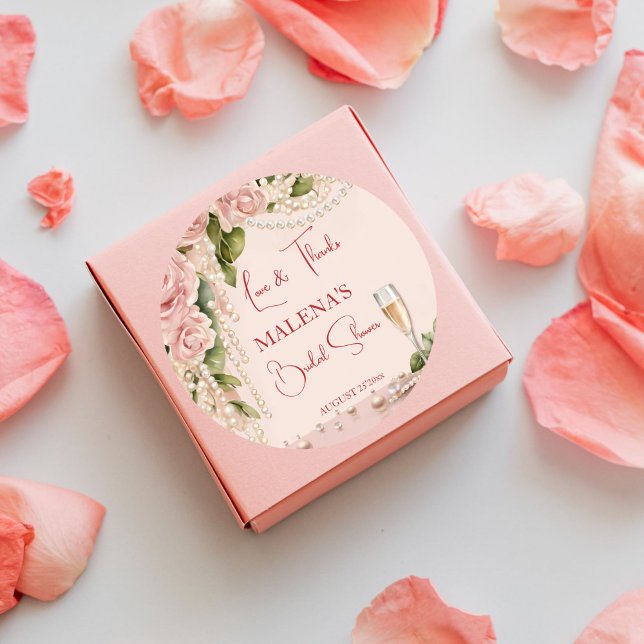 Sticker Rond Perles et prosecco shower de mariage élégant (Pearls and prosecco bridal shower elegant thank you favor stickers blush pink coral roses and pearls)
