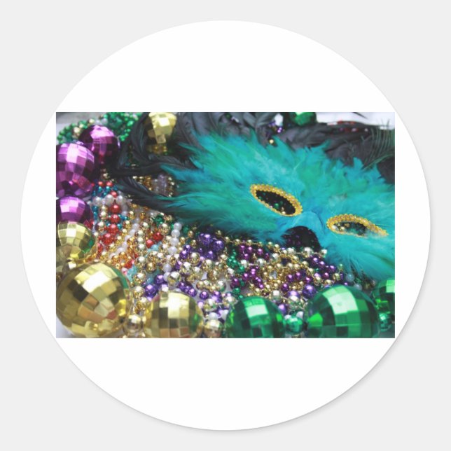 Sticker Rond Perles Mardi Gras et Masque de Plumes Vertes (Devant)