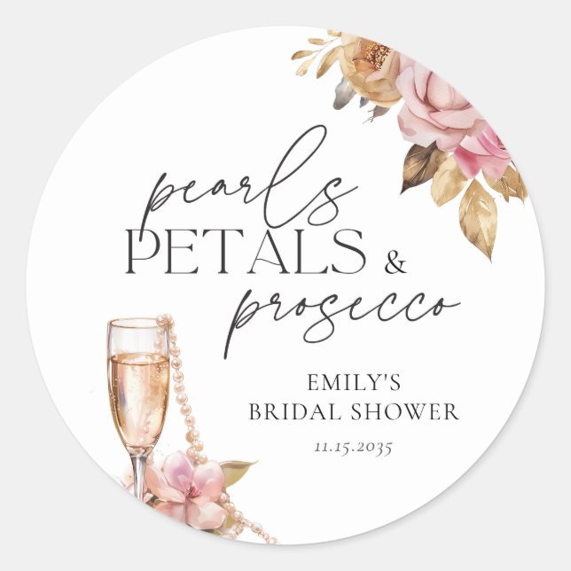 Sticker Rond Perles Pétales et Prosecco Fête des mariées Floral (Devant)