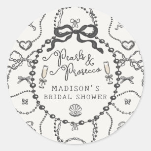 Sticker Rond Perles & Prosecco Noir à ruban mariage en cadeau