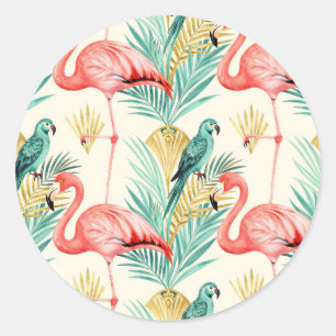 Sticker Rond Perroquet Flamant Tropical Jungle