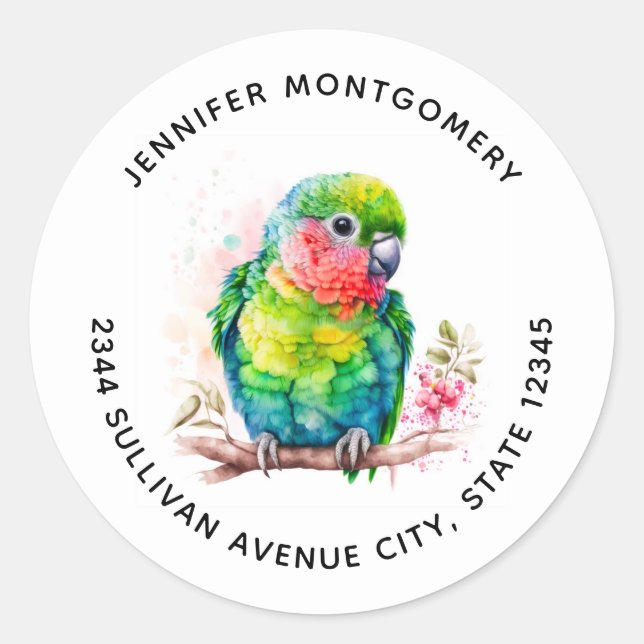 Sticker Rond Perroquet Vert - Joli Bébé Oiseau - Adresse (Devant)