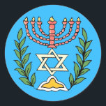 Sticker Rond Persian Magen David Menorah<br><div class="desc">Cette image a été adaptée à partir d'un carrelage juif perse antique et présente une menorah avec un Magen David (Étoile de David) encadré de branches d'olivier. Les imperfections de l'image originale peinte à la main ont été conservées.</div>