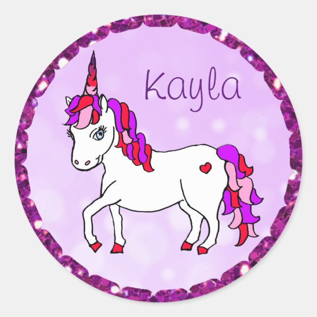 Sticker Rond Personalisé Purple Rainbow Horned Unicorn Heart (Devant)
