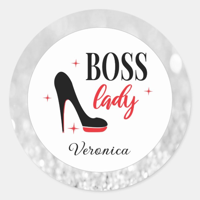 Sticker Rond Personalisé Rouge Bas Stiletto Talon Boss Lady (Devant)