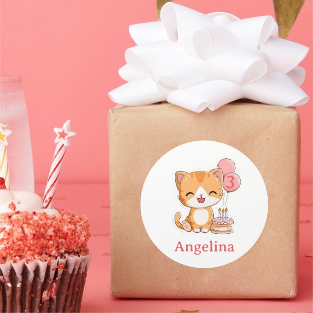 Sticker Rond Personalized 3rd Birthday, Ginger Kitten,   (Fête)
