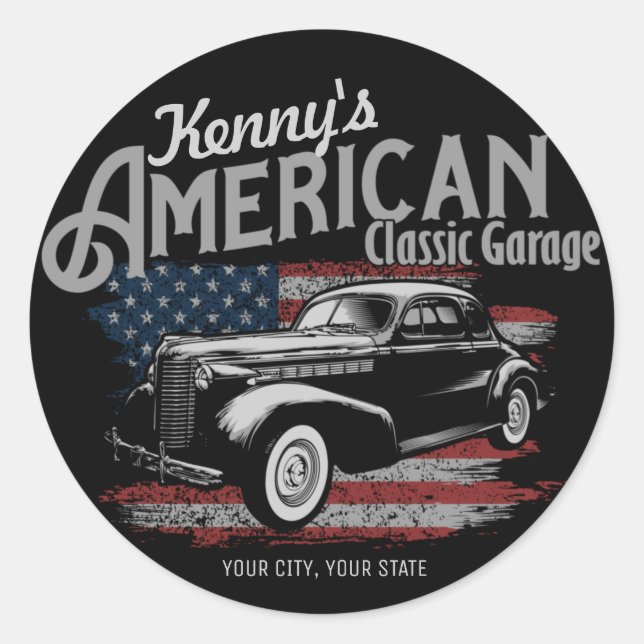 Sticker Rond Personalized American Vintage Classic Car Garage (Devant)