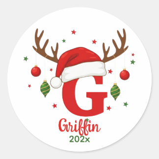 Sticker Rond Personalized Christmas Monogram G Santa Hat