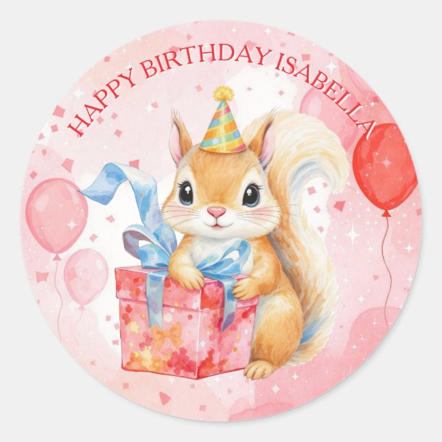 Sticker Rond Personalized Happy Birthday Girl's Squirrel  (Devant)