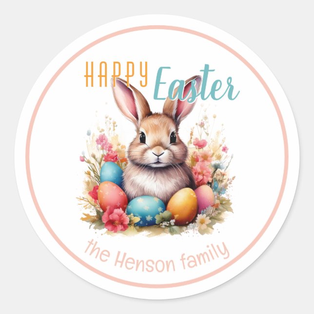 Sticker Rond Personalized Happy Easter Bunny Eggs Family  (Devant)