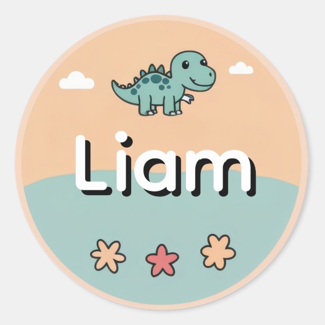 Sticker Rond Personalized Kids Name Sticker– Cute Dinosaur  (Devant)