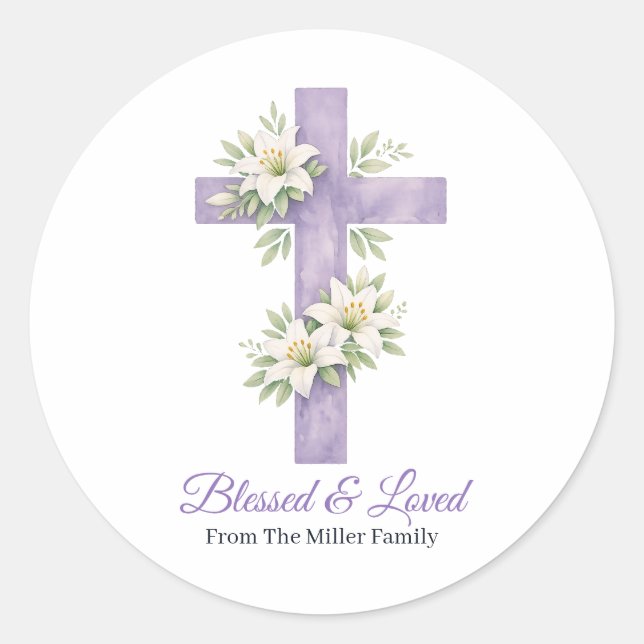 Sticker Rond Personalized Lavender Floral Cross Blessed & Loved (Devant)