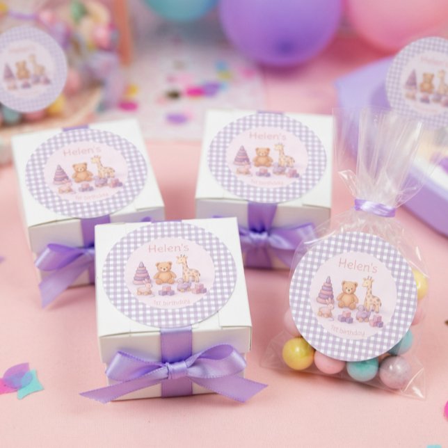 Sticker Rond Personalized Lavender Gingham 1st Birthday  (Créateur téléchargé)