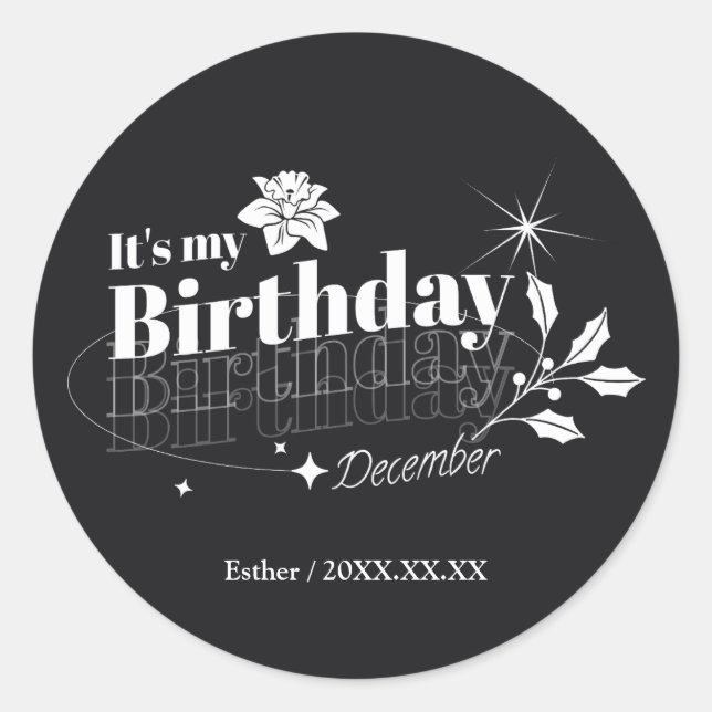 Sticker Rond Personalized Modern Black Floral December Birthday (Devant)