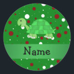 Sticker Rond Personalized name turtle christmas polka<br><div class="desc">Create your own custom Personalized with just add your name, monogram,  or initials or saying cute cartoon green turtle with green white and red polka dots Christmas pattern background and green stripe. Cute turtle Christmas vend des idéas.</div>