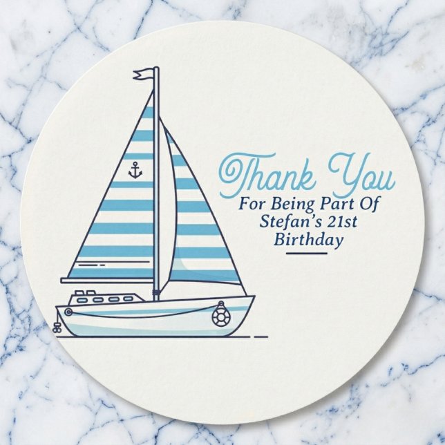 Sticker Rond Personalized Nautical Sailboat Cabana Stripe  (Personalized stickers for your celebration.)