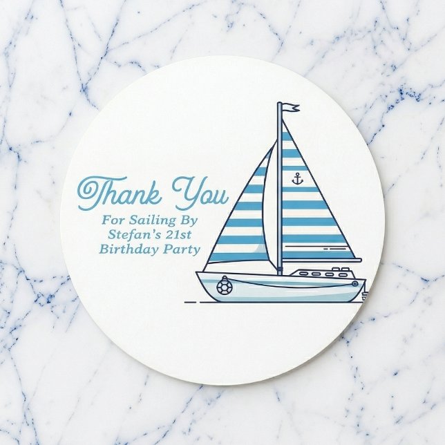 Sticker Rond Personalized Nautical Sailboat Cabana Stripe  (Personalized stickers for your celebration.)